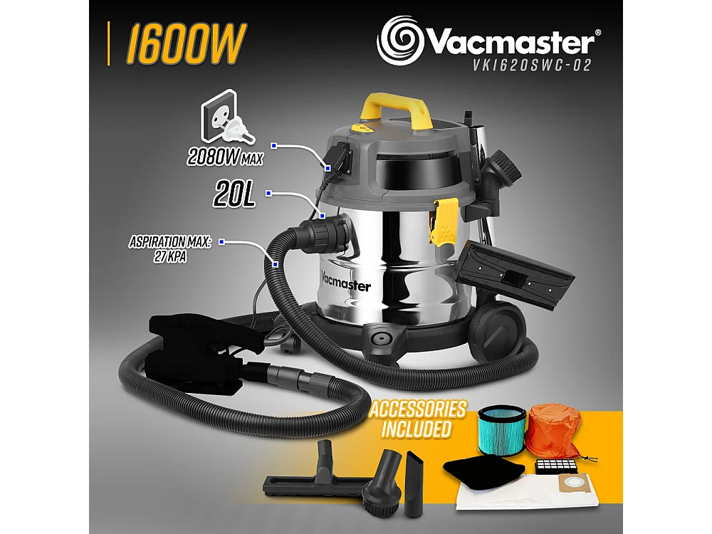 Aspirateur eau et poussières 1600W - 20L inox - 27 Kpa avec prise intégrée