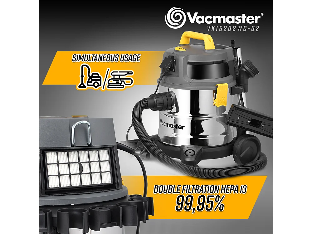 Aspirateur eau et poussières 1600W - 20L inox - 27 Kpa avec prise intégrée