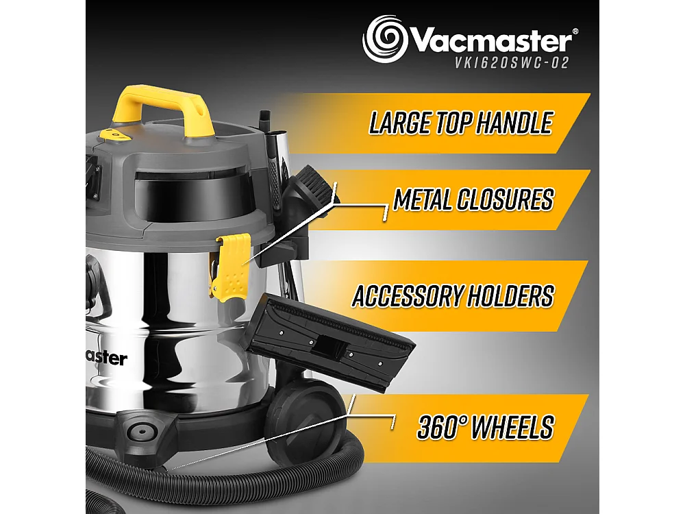 Aspirateur eau et poussières 1600W - 20L inox - 27 Kpa avec prise intégrée