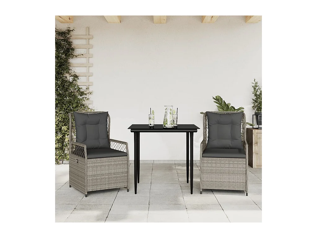 Ensemble à manger de jardin 3pcs coussins gris clair poly rotin