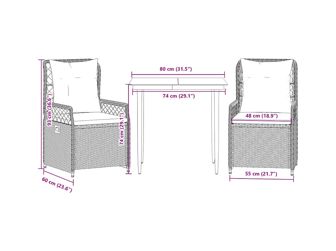 Ensemble à manger de jardin 3pcs coussins gris clair poly rotin