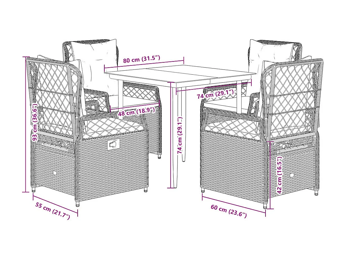 Set da pranzo da giardino da 5 pezzi con cuscini in polyrattan marrone