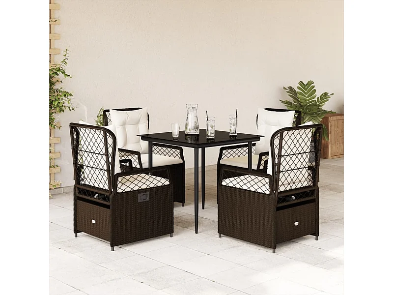 Set da pranzo da giardino da 5 pezzi con cuscini in polyrattan marrone