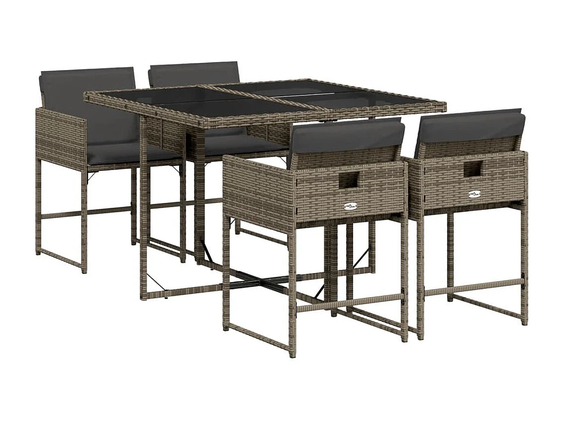 Set da pranzo da giardino 5 pezzi cuscini grigi in resina vimini