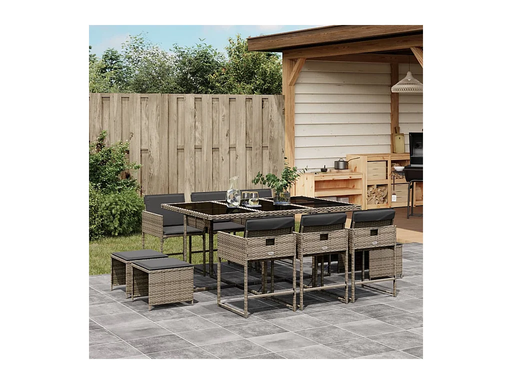 Ensemble à manger de jardin 11pcs avec coussins gris poly rotin