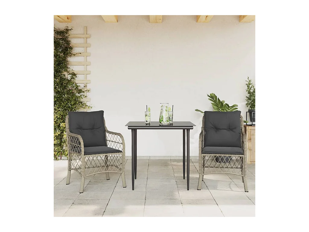 Ensemble de bistro 3 pcs et coussins gris clair résine tressée