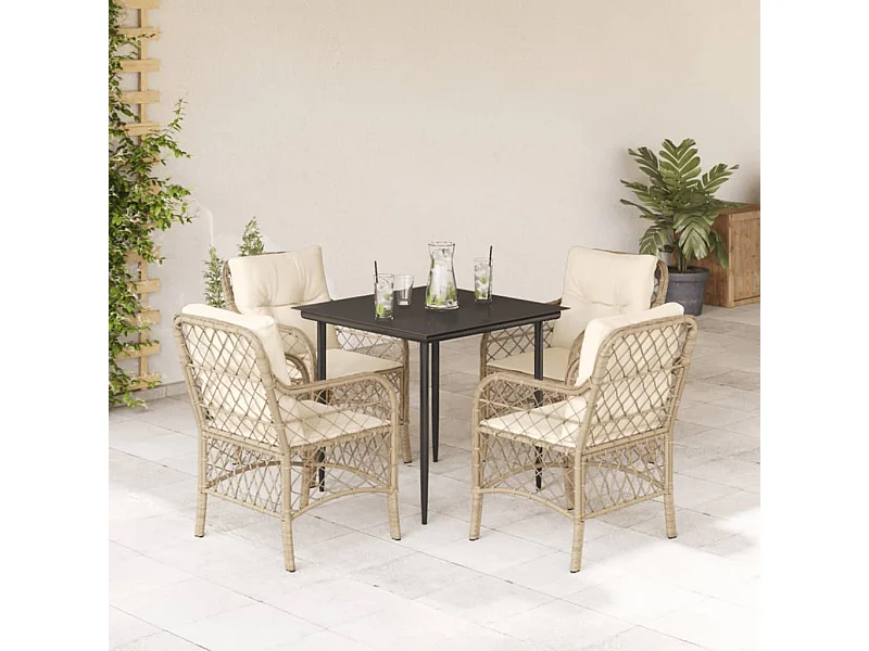 Set da pranzo da giardino con cuscini 5 pezzi Beige Poly Rattan
