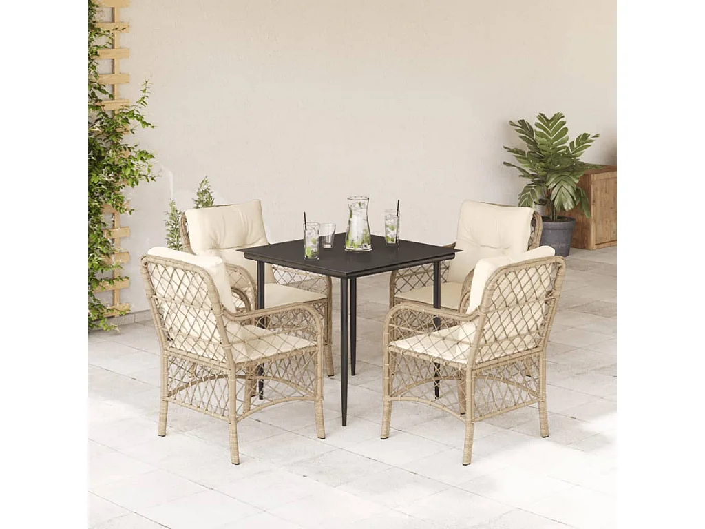 Conjunto de jantar de jardim com almofadas 5 peças bege poli rattan
