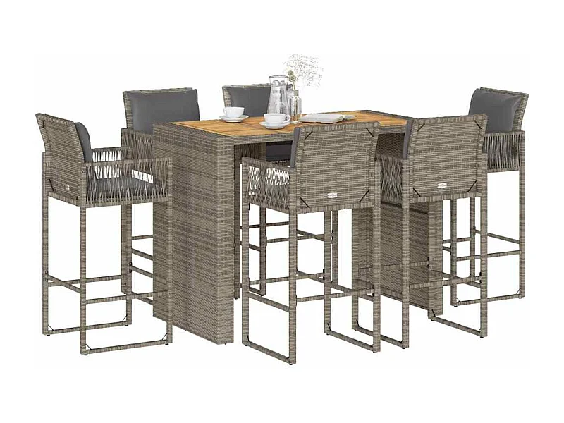 7-teiliges Gartenbar-Set mit grauen Kissen Poly Rattan