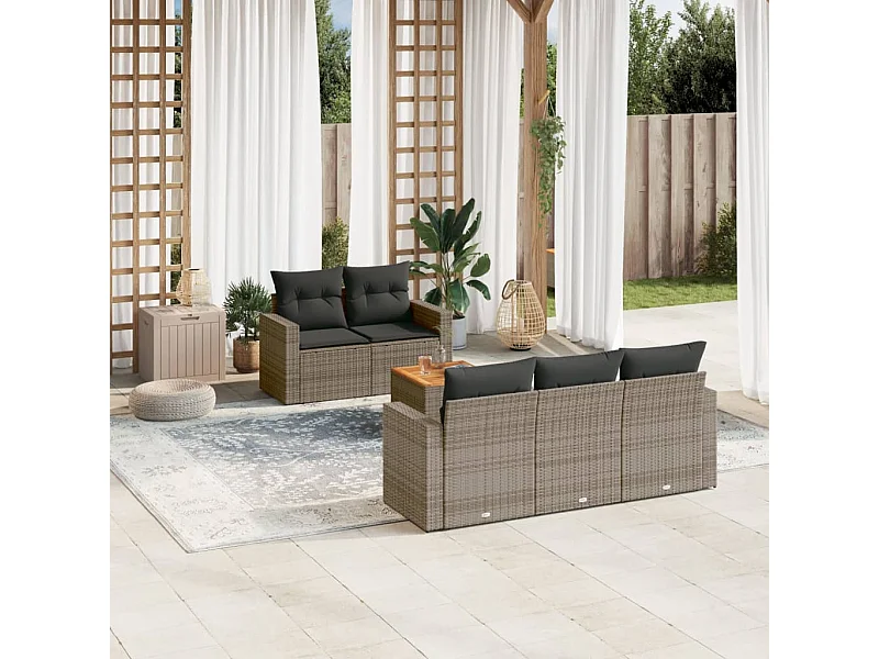 Salon de jardin 6 pcs avec coussins gris résine tressée