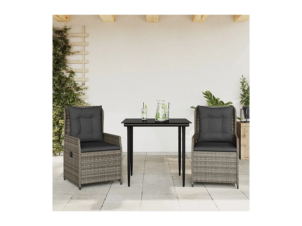 Set da pranzo da giardino 3 pezzi cuscini grigi in resina vimini