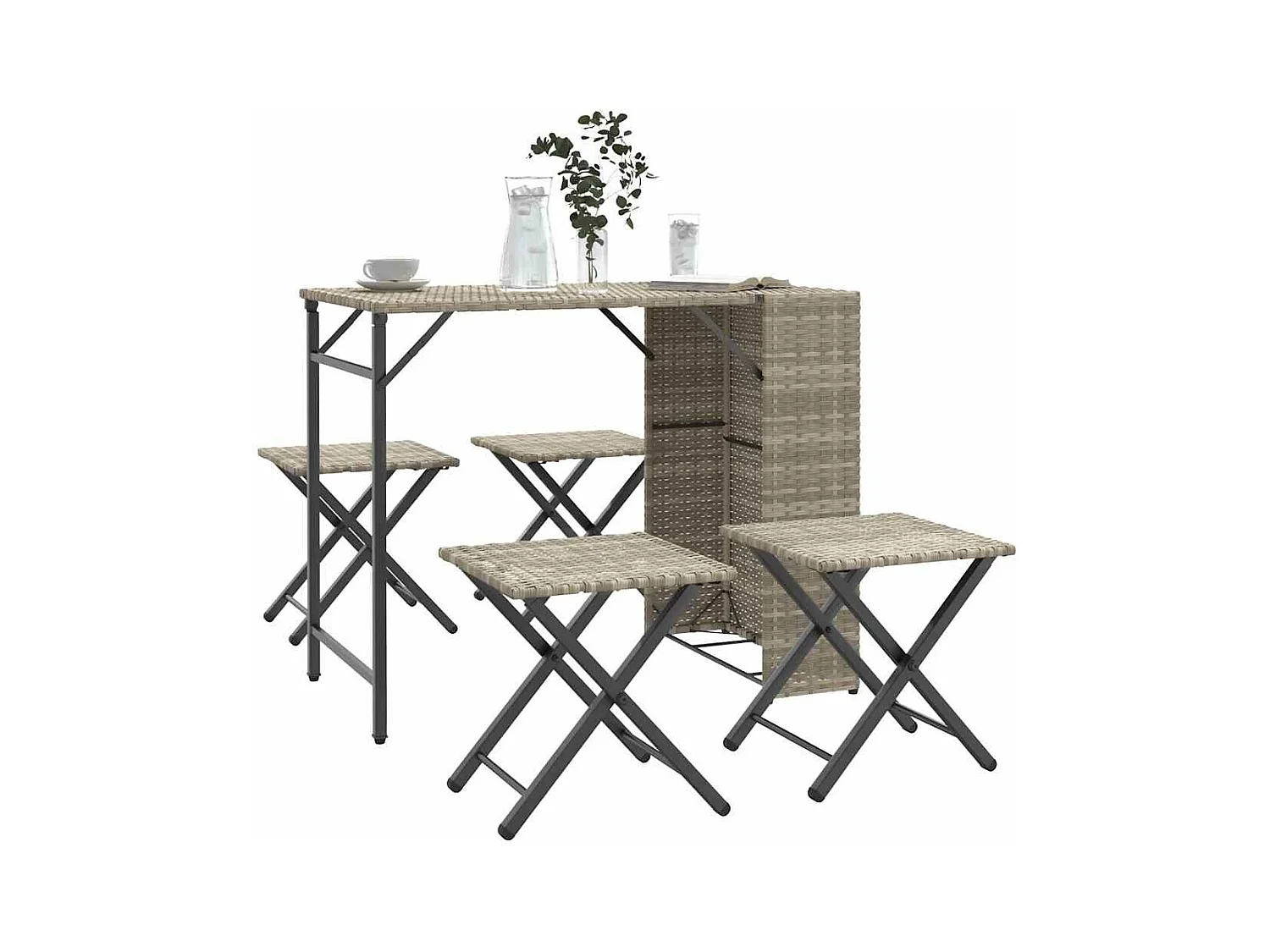 5-tlg. faltbare Garten-Essgruppe Hellgrau Poly Rattan