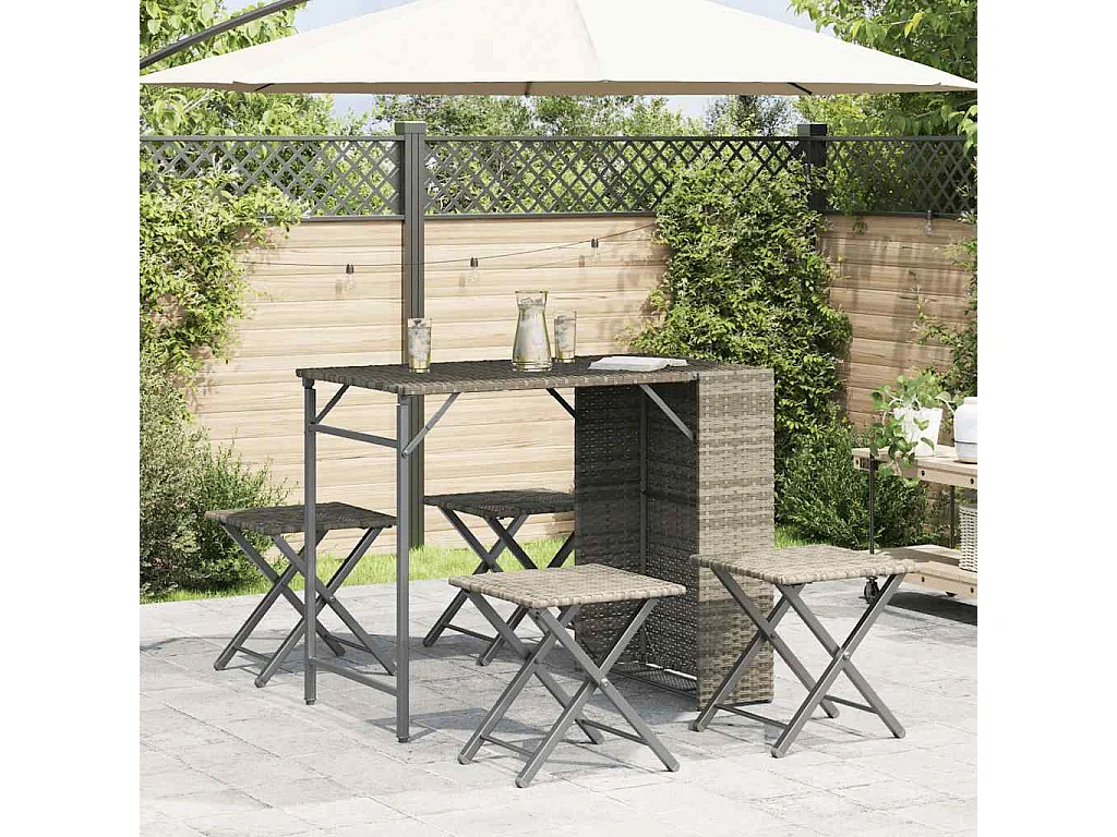 Set da pranzo pieghevole da giardino in polyrattan grigio chiaro, 5 pezzi