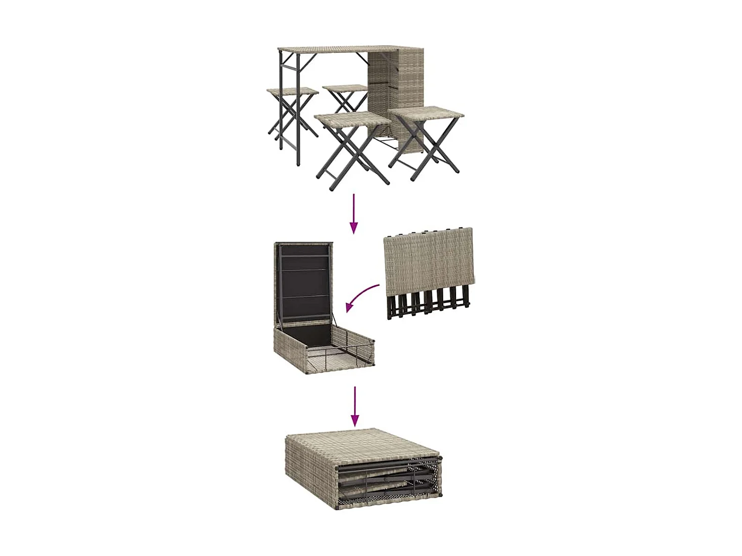 Set da pranzo pieghevole da giardino in polyrattan grigio chiaro, 5 pezzi