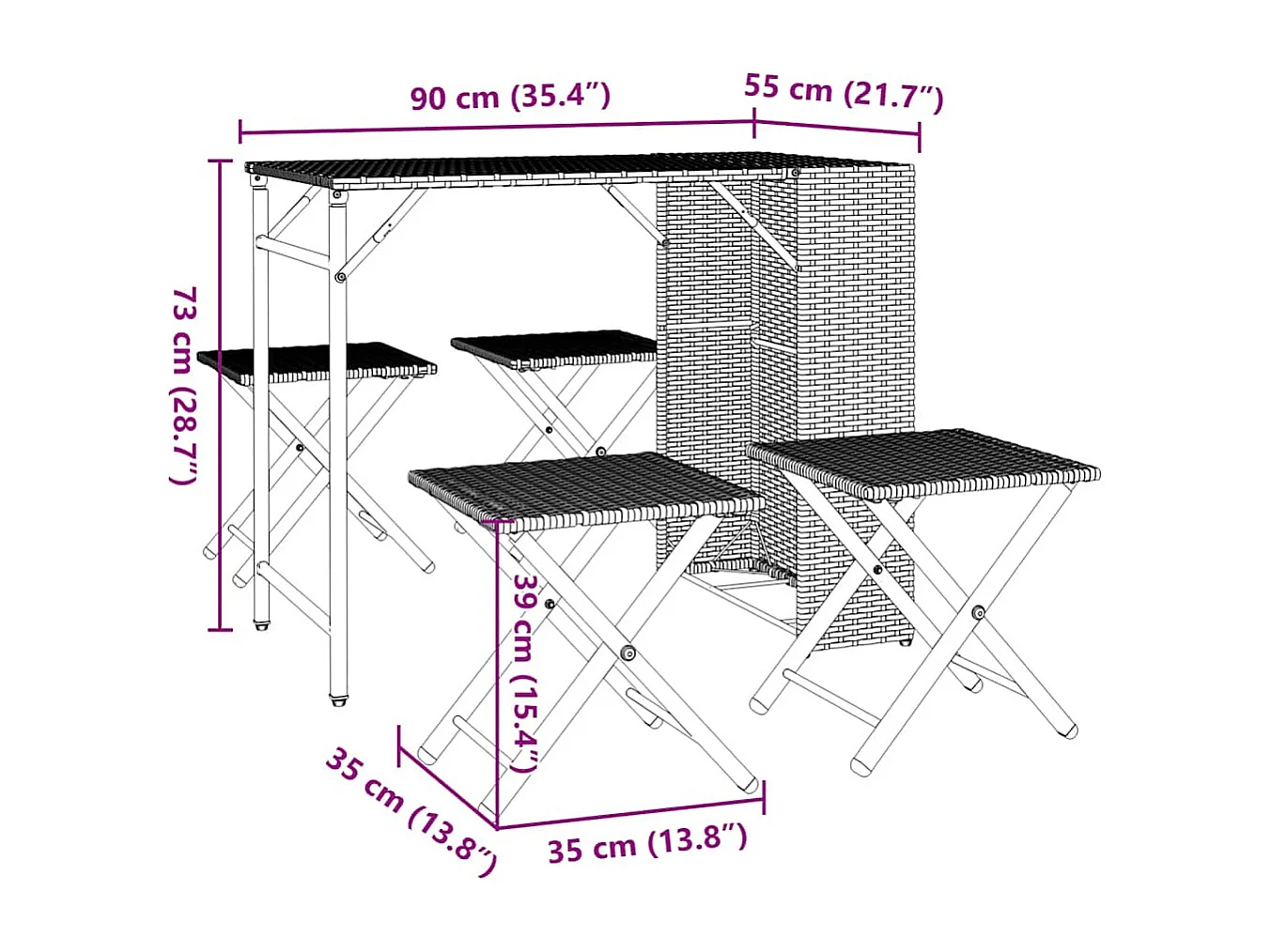 Set da pranzo pieghevole da giardino in polyrattan grigio chiaro, 5 pezzi
