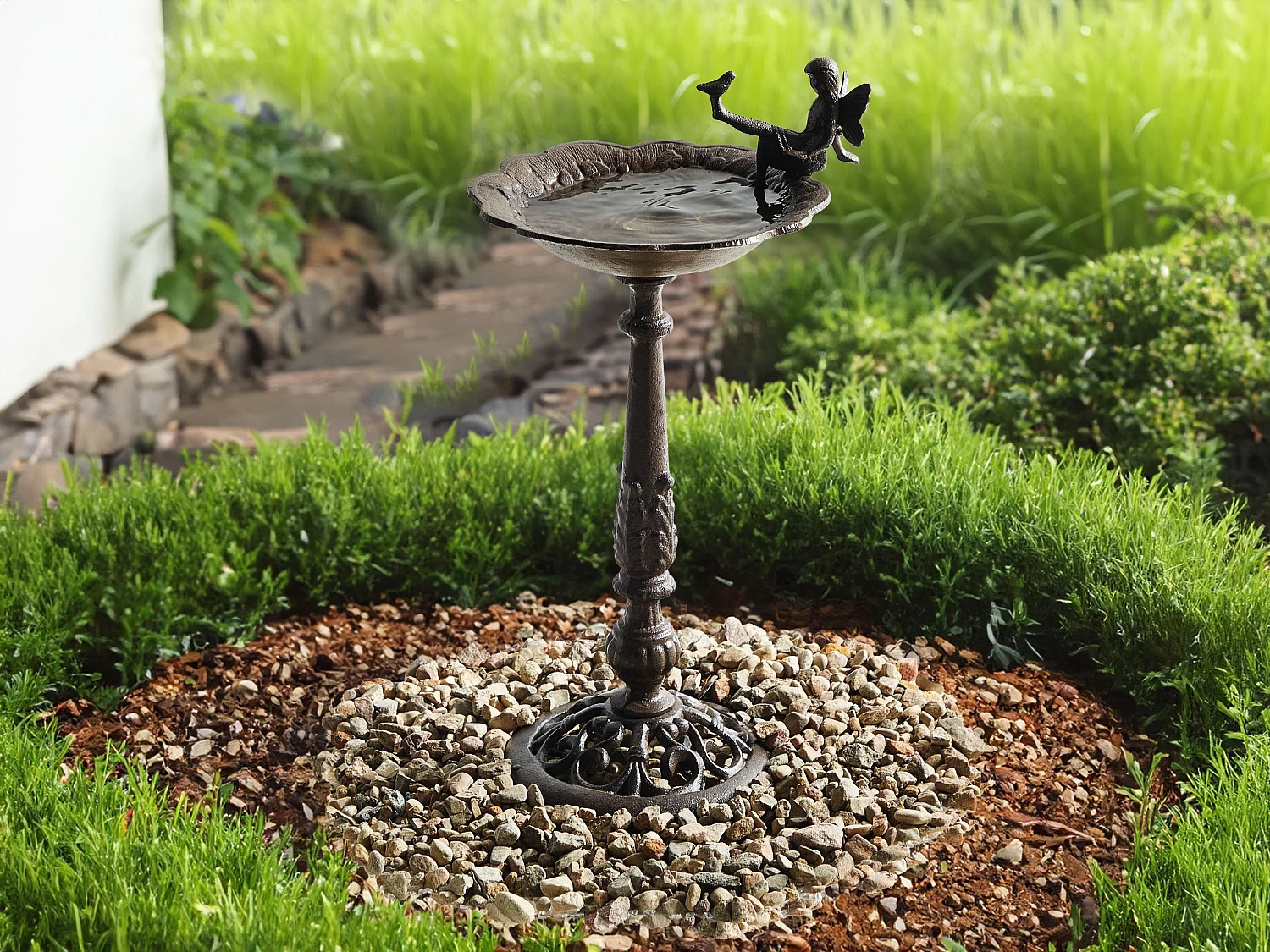 Stehende Garten Vogeltränke mit Standfuß Feen-Figur Metall braun 53 cm hoch Lark