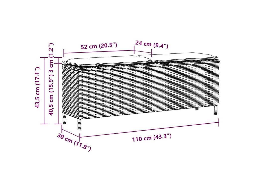 Tuinbank met kussen 110x30x40,5 cm poly rattan zwart