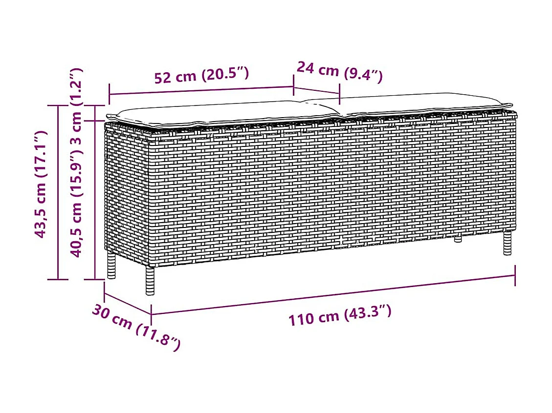 Banc de jardin avec coussin gris 110x30x40,5 cm résine tressée