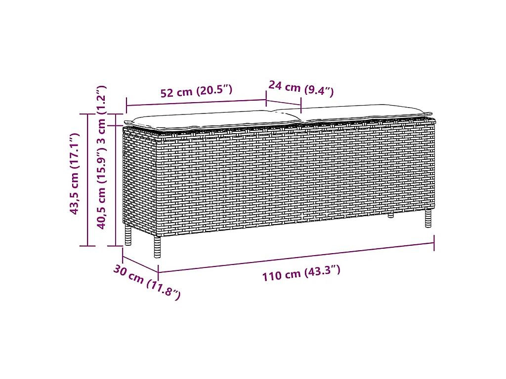 Tuinbank met grijze kussen 110x30x40,5 cm van gevlochten hars - Comfortabel en duurzaam