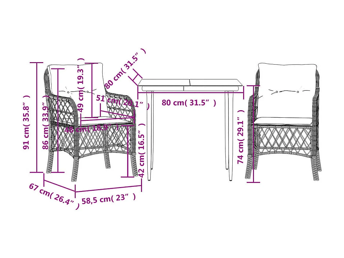 Ensemble de bistro 3 pcs avec coussins beige résine tressée