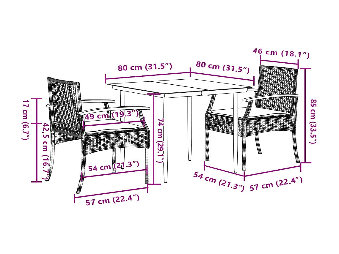 Juego de comedor de jardín con cojines 3 piezas negro