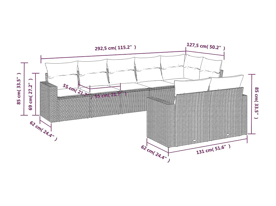 Salon de jardin 8 pcs avec coussins gris résine tressée