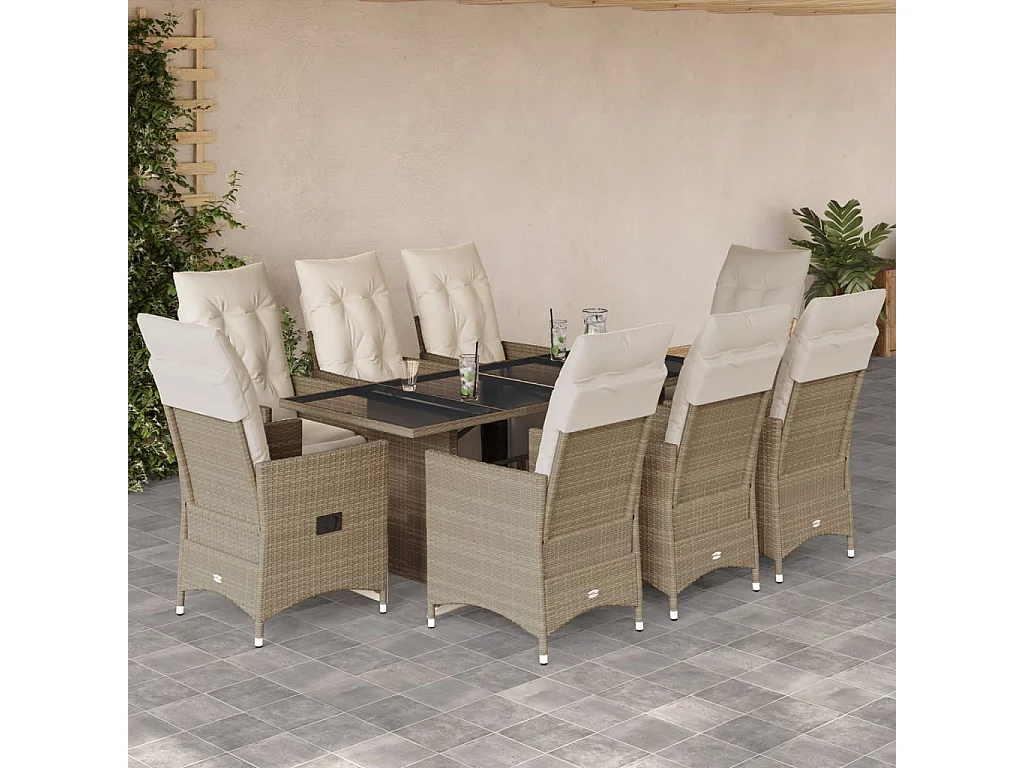 Ensemble de bistro de jardin 9 pcs coussins beige poly rotin