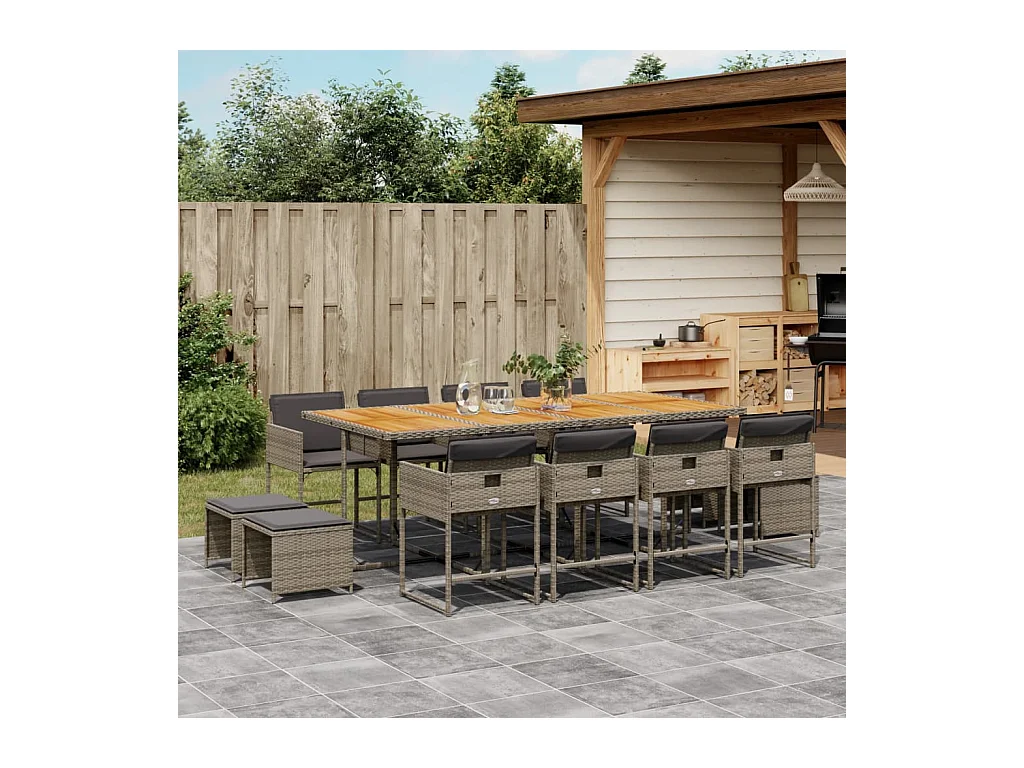 Ensemble à manger de jardin coussins 13 pcs gris résine tressée