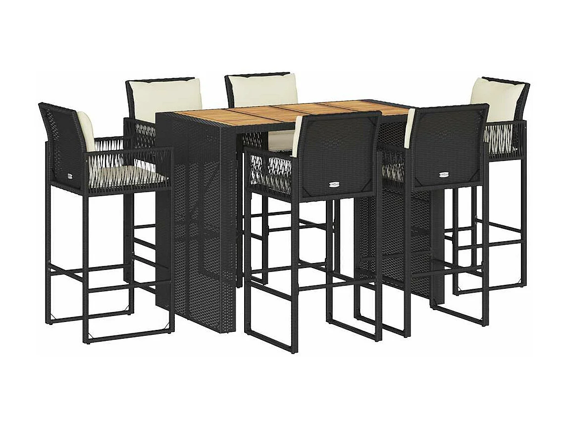 Conjunto de bar de jardim de 7 peças com almofadas de vime sintético preto
