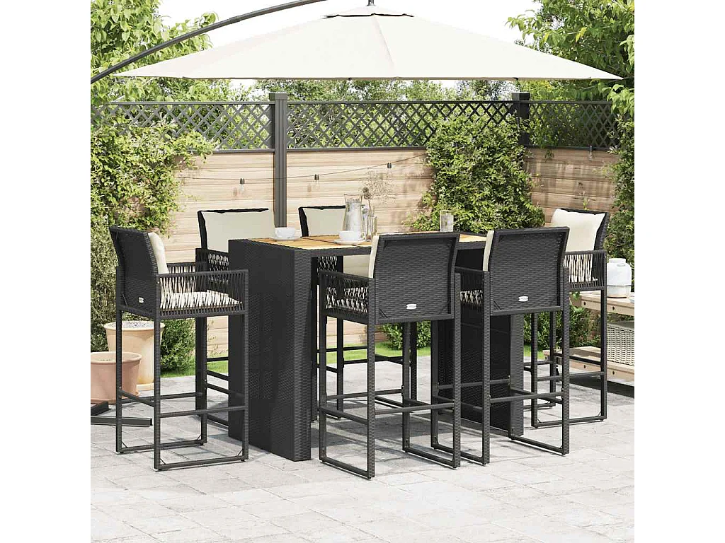 Conjunto de bar de jardim de 7 peças com almofadas de vime sintético preto