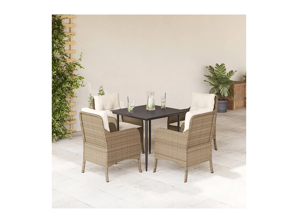 Ensemble à manger de jardin avec coussins 5pcs Beige poly rotin