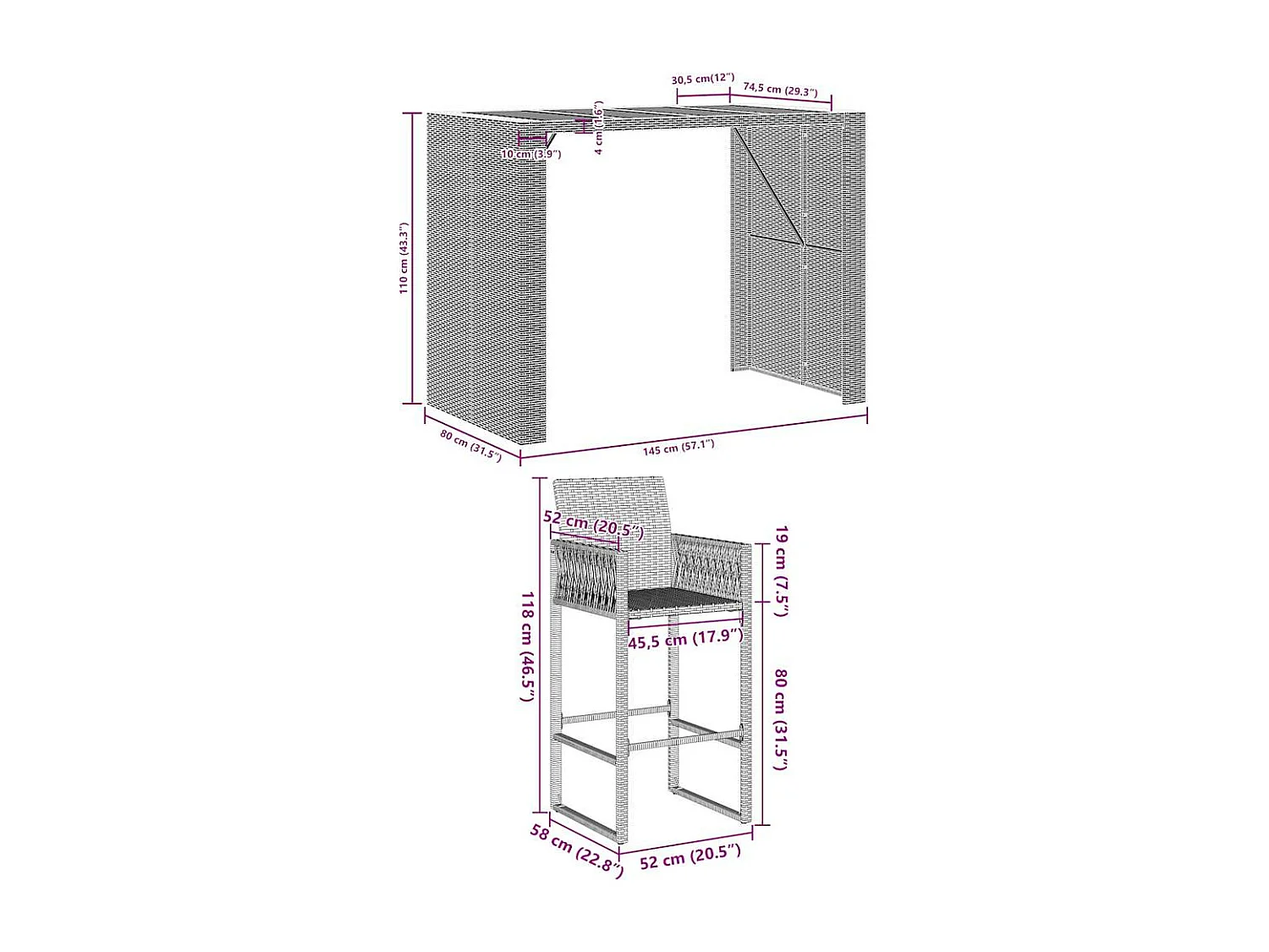 5-tlg. Gartenbar-Set ohne Kissen schwarz Poly Rattan