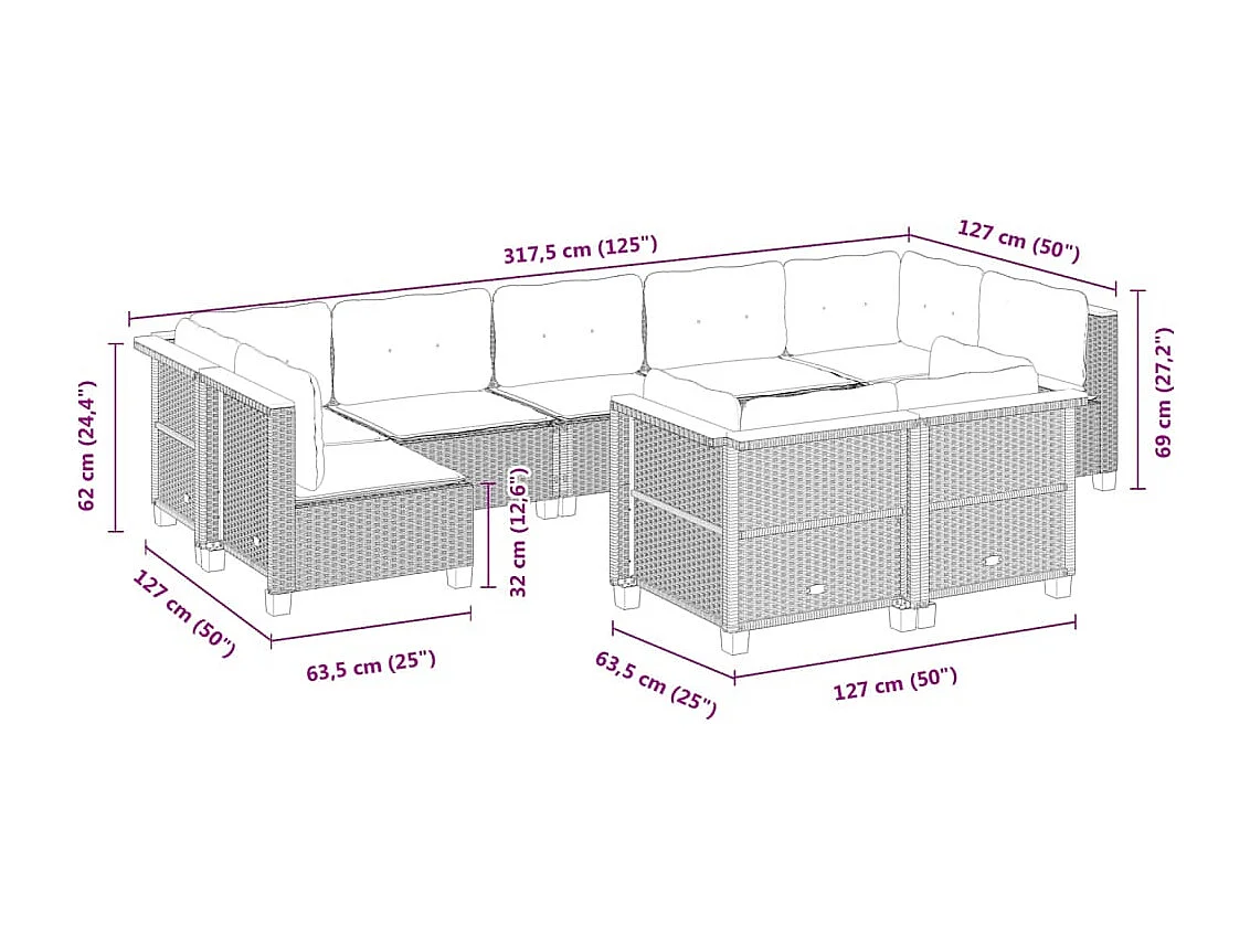 Salon de jardin avec coussins 9 pcs beige résine tressée