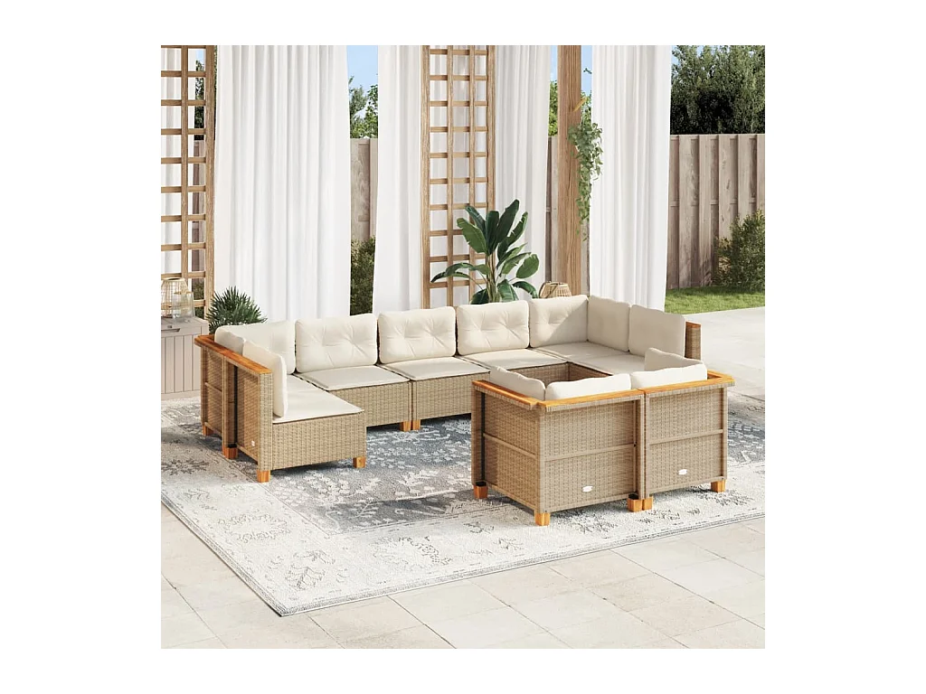 Salon de jardin avec coussins 9 pcs beige résine tressée