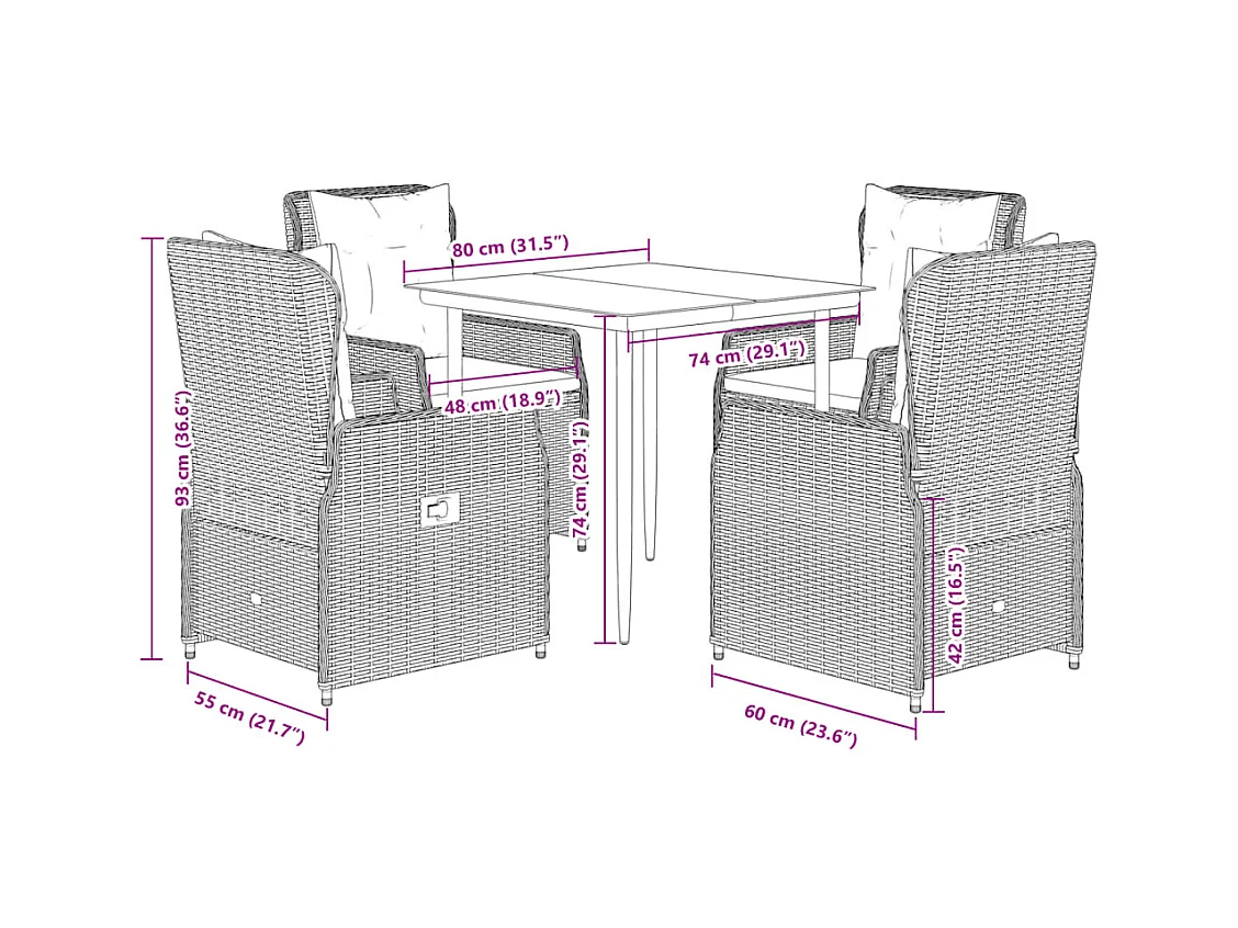 Ensemble à manger de jardin 5 pcs et coussins marron poly rotin