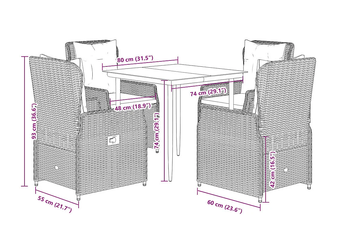5-teiliges Garten-Ess-Set mit braunen Poly-Rattan-Kissen