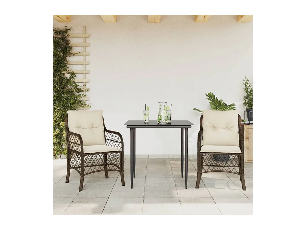 Ensemble de bistro 3 pcs avec coussins marron résine tressée