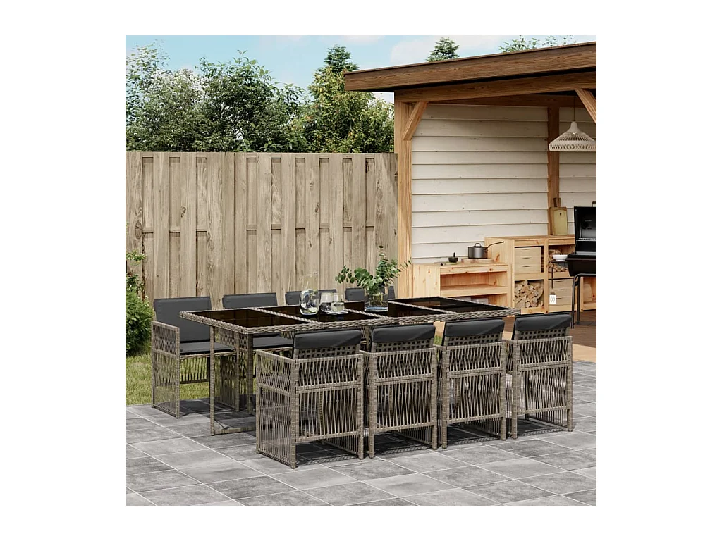 Ensemble à manger de jardin 9 pcs coussins gris résine tressée