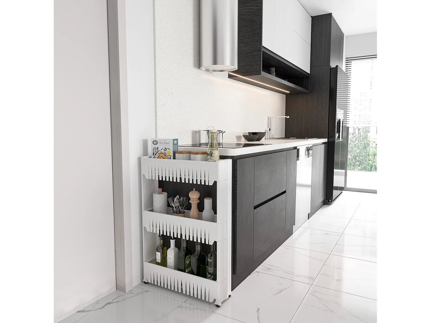 Carrellino con 3 Ripiani Salvaspazio Scaffale Portaoggetti Per Cucina Soggiorno Bagno Portaoggetti Con Rotelle 54 x 12,5 x 72 cm Colore Bianco