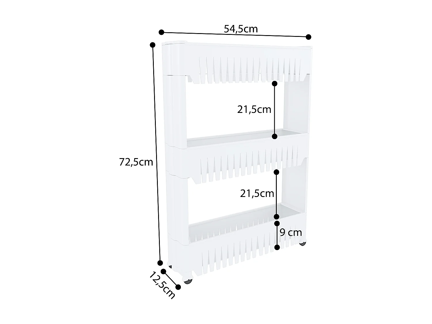 Carrellino con 3 Ripiani Salvaspazio Scaffale Portaoggetti Per Cucina Soggiorno Bagno Portaoggetti Con Rotelle 54 x 12,5 x 72 cm Colore Bianco