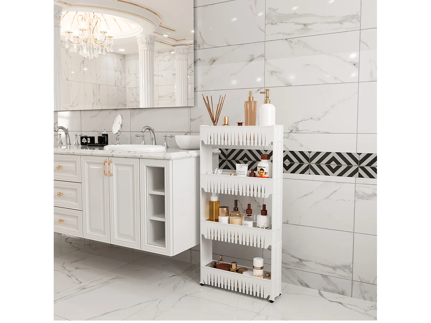 Carrellino con 4 Ripiani Salvaspazio Scaffale Portaoggetti Per Cucina Soggiorno Bagno Portaoggetti Con Rotelle 54 x 12,5 x 72 cm Colore Bianco