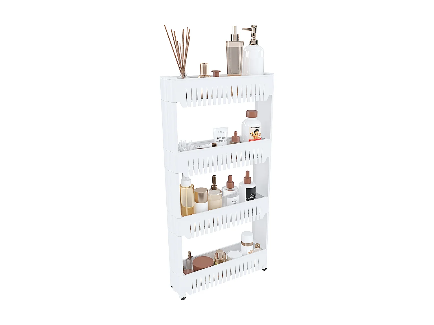 Carrellino con 4 Ripiani Salvaspazio Scaffale Portaoggetti Per Cucina Soggiorno Bagno Portaoggetti Con Rotelle 54 x 12,5 x 72 cm Colore Bianco