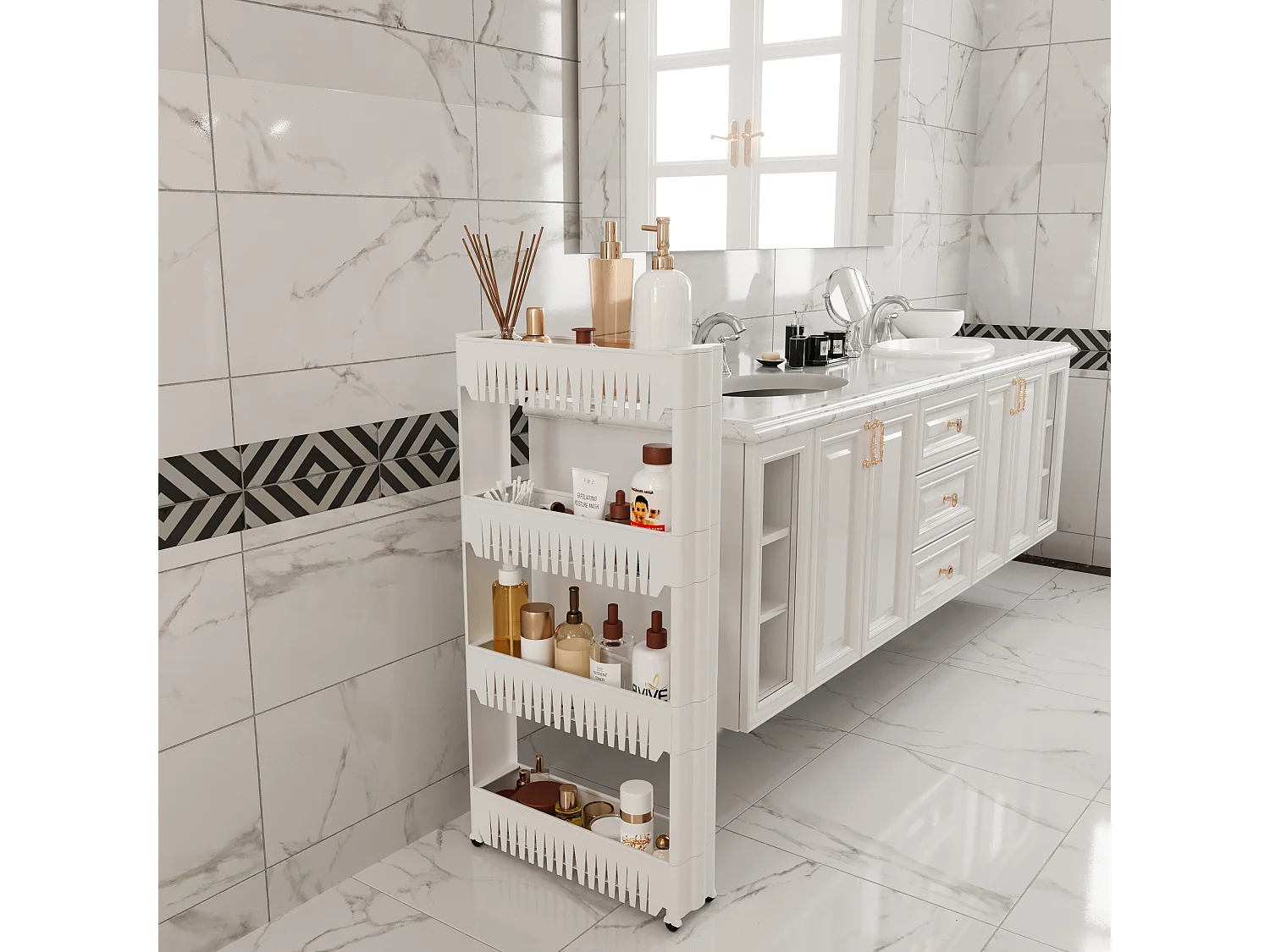 Carrellino con 4 Ripiani Salvaspazio Scaffale Portaoggetti Per Cucina Soggiorno Bagno Portaoggetti Con Rotelle 54 x 12,5 x 72 cm Colore Bianco