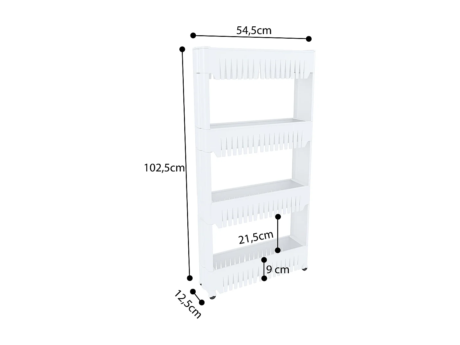 Carrellino con 4 Ripiani Salvaspazio Scaffale Portaoggetti Per Cucina Soggiorno Bagno Portaoggetti Con Rotelle 54 x 12,5 x 72 cm Colore Bianco