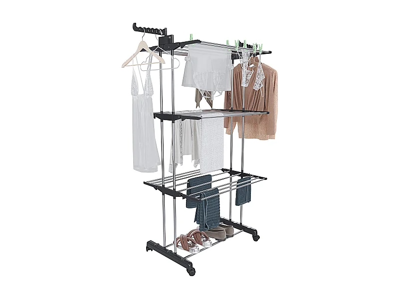 Stendibiancheria A Rotelle Stendino A Torre Verticale In Acciaio E ABS 4 Piani Pieghevole Salvaspazio Con Ali Richiudibile Biancheria Interno Nero