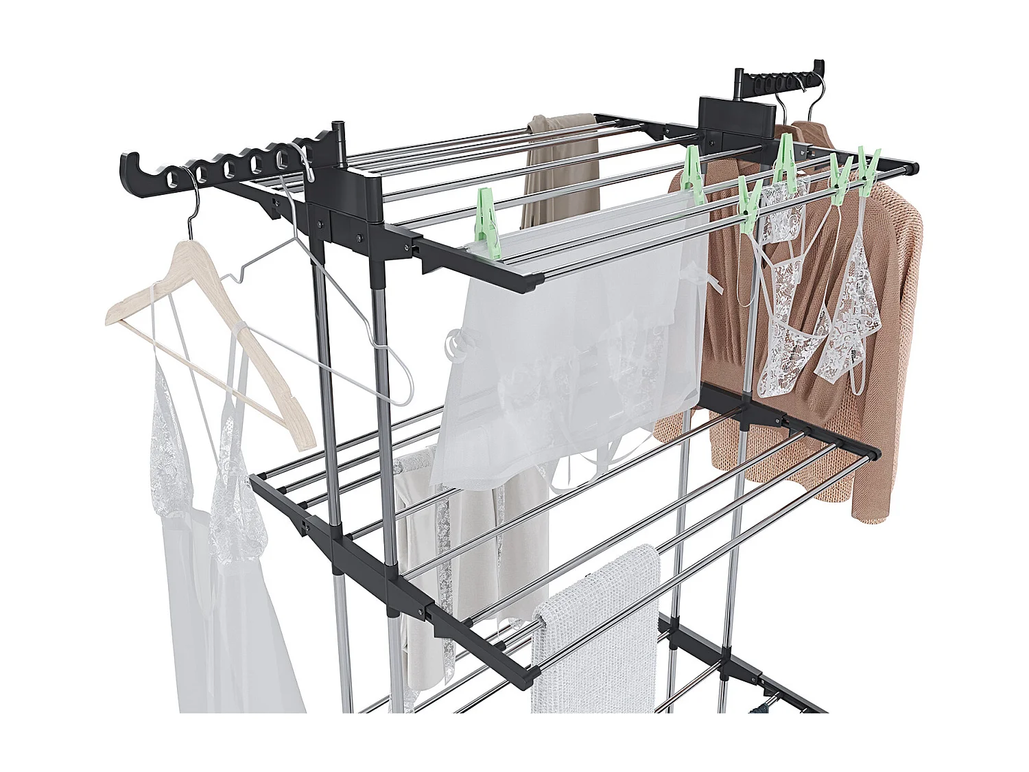 Stendibiancheria A Rotelle Stendino A Torre Verticale In Acciaio E ABS 4 Piani Ripiani Pieghevole Salvaspazio Biancheria Interno Esterno 169 x 75.5 x 63.5 Cm Nero