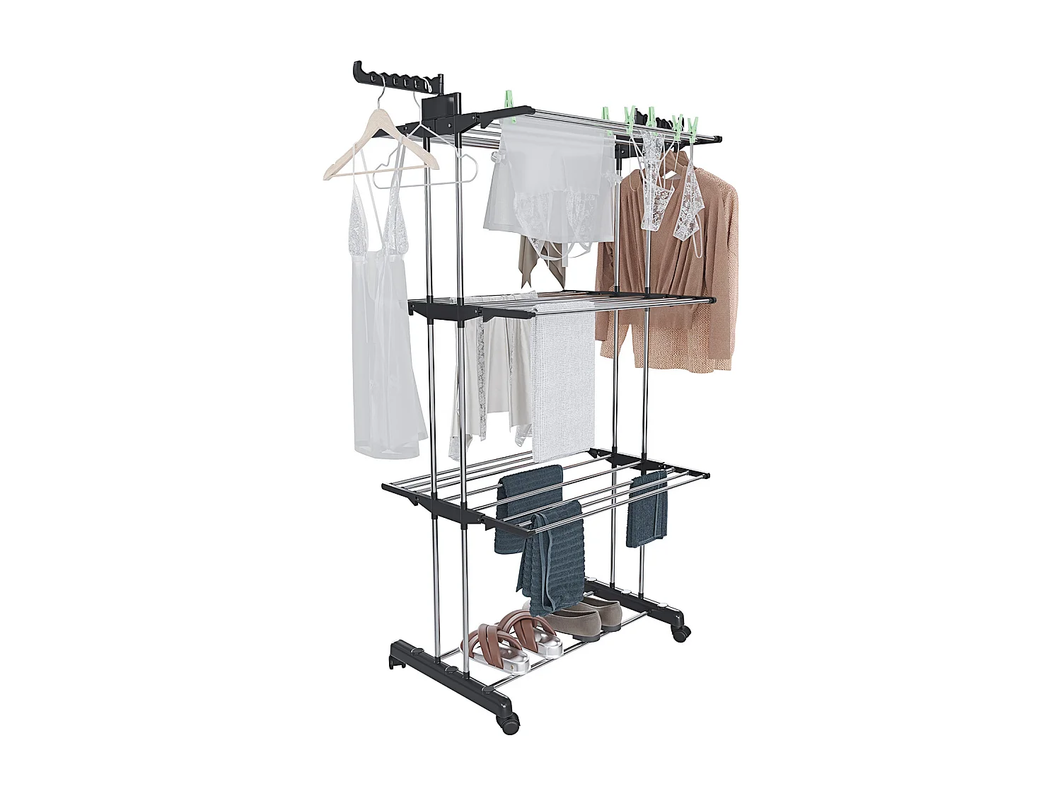 Stendibiancheria A Rotelle Stendino A Torre Verticale In Acciaio E ABS 4 Piani Ripiani Pieghevole Salvaspazio Biancheria Interno Esterno 169 x 75.5 x 63.5 Cm Nero