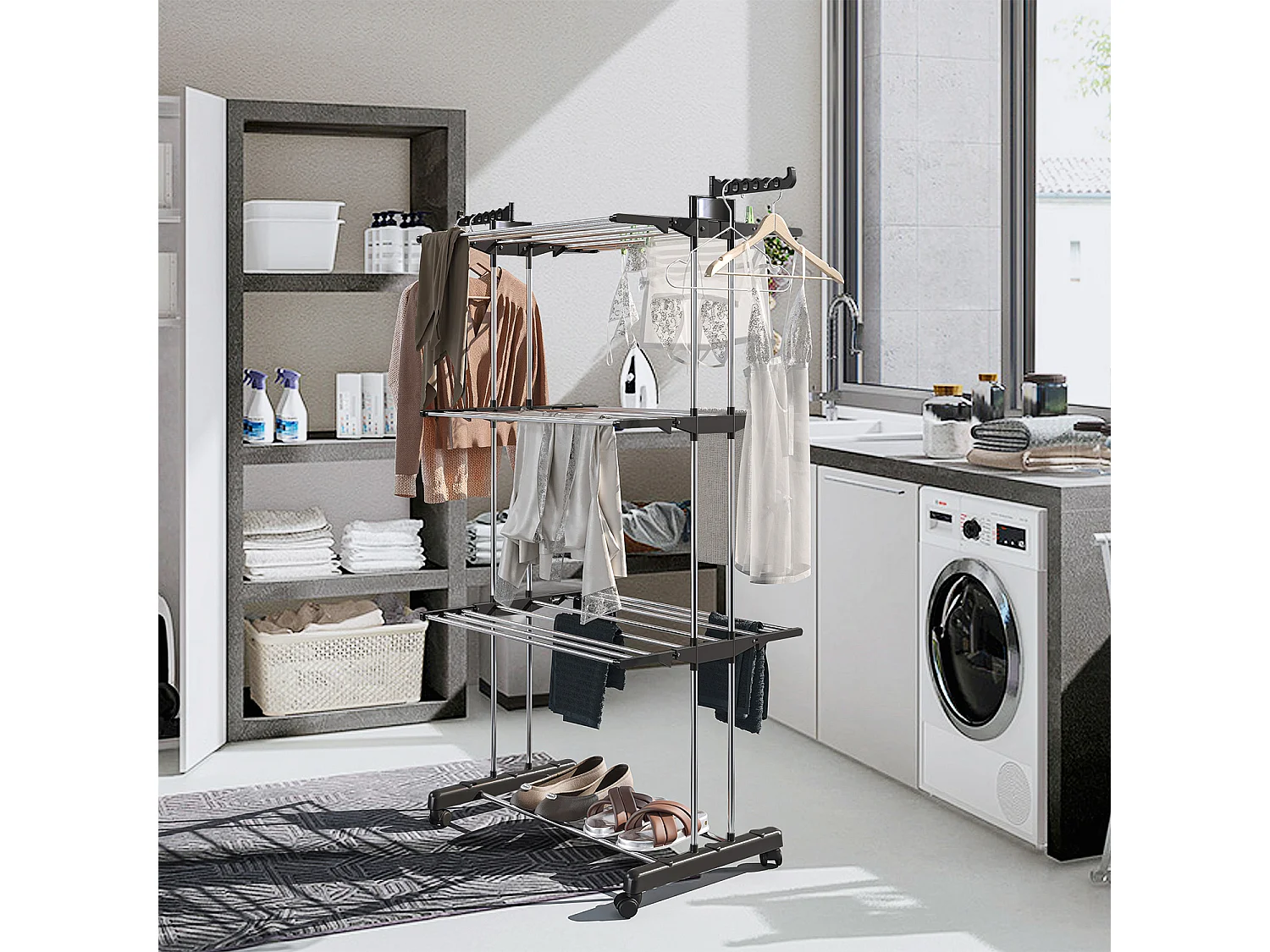 Stendibiancheria A Rotelle Stendino A Torre Verticale In Acciaio E ABS 4 Piani Ripiani Pieghevole Salvaspazio Biancheria Interno Esterno 169 x 75.5 x 63.5 Cm Nero