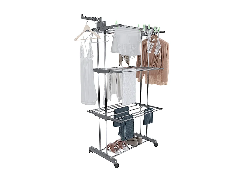 Stendibiancheria A Rotelle Stendino A Torre Verticale In Acciaio E ABS 4 Piani Ripiani Pieghevole Salvaspazio Biancheria Interno Esterno 169 x 75.5 x 63.5 Cm Grigio