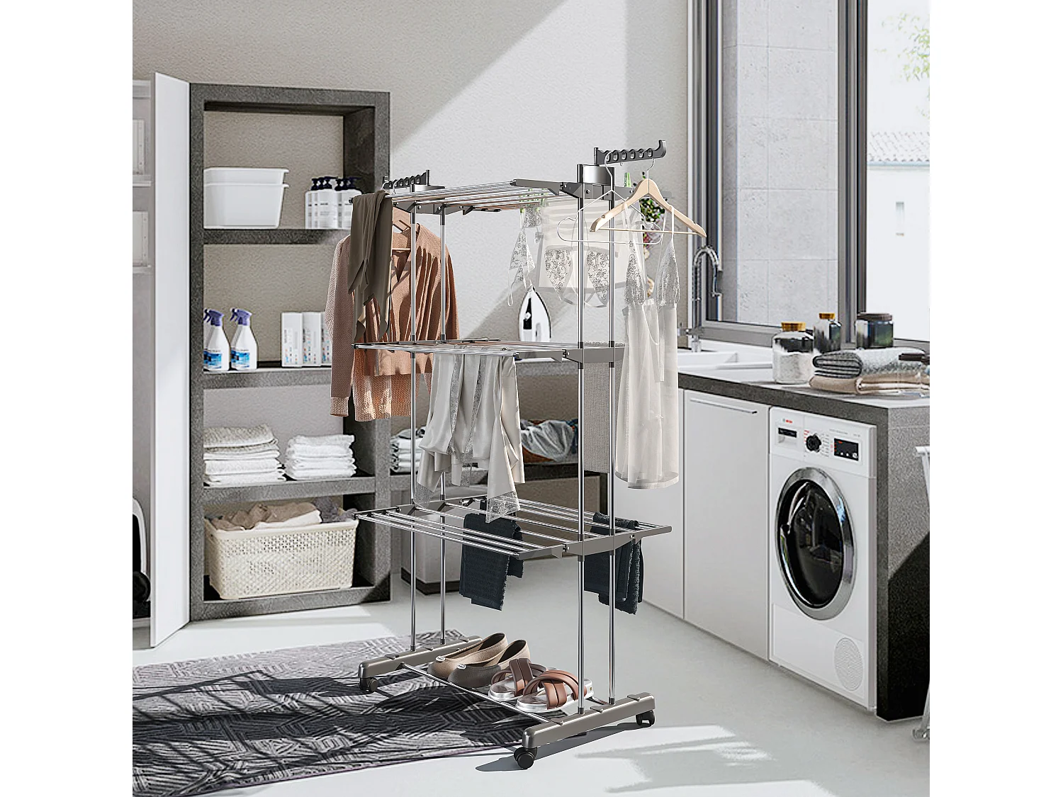 Stendibiancheria A Rotelle Stendino A Torre Verticale In Acciaio E ABS 4 Piani Ripiani Pieghevole Salvaspazio Biancheria Interno Esterno 169 x 75.5 x 63.5 Cm Grigio